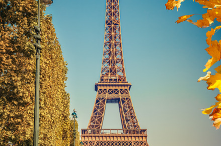 Eiffel Tower over blue sky at autumn, an Architecture Photo by sborisov