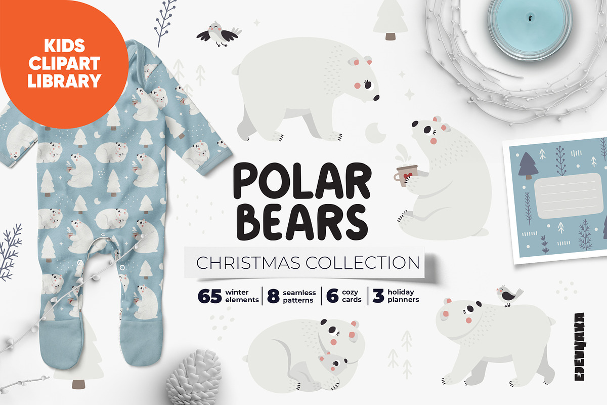 Winter Polar Bear Clipart & Patterns, a Seasonal Illustration by Ejevyaka (Photo 1 of 10)