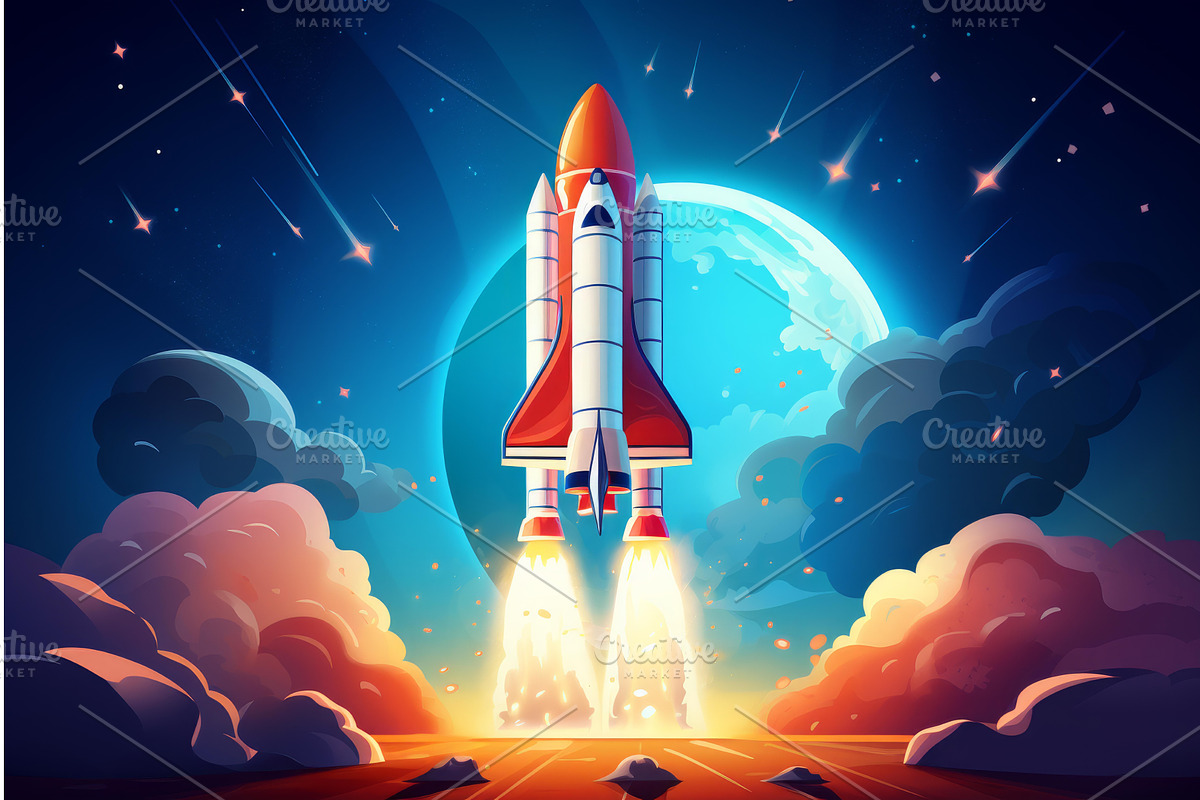 Pioneering Startup rocket in space, an Illustration by Ylivdesign