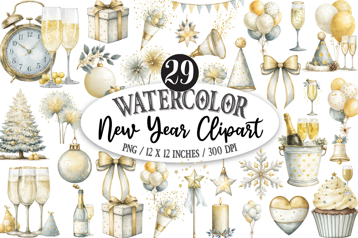 Watercolor New Year Clipart, an Illustration by Designking (Photo 1 of 5)