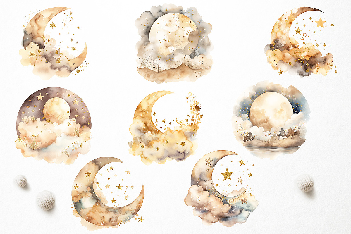 Watercolor moon & golden stars PNG, an Object Graphic by PixelJungle (Photo 3 of 3)