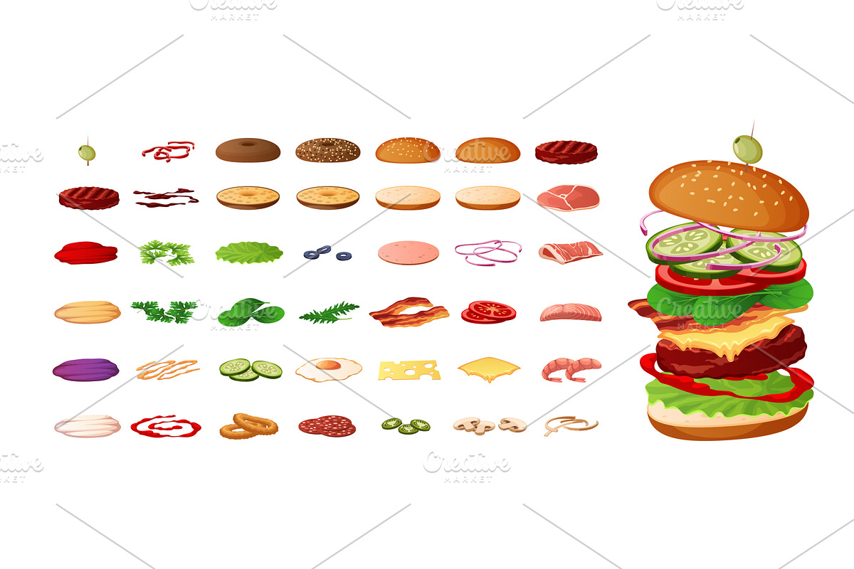 Burger kit. Fast food ingredients, a Food Illustration by YummyBuum