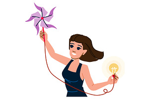 Woman connecting pinwheel with light, a Technology Illustration by pikepicture