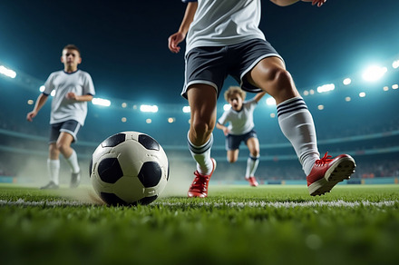 Close up of footballer's feet in act, a Sports & Recreation Photo by Stock Shape