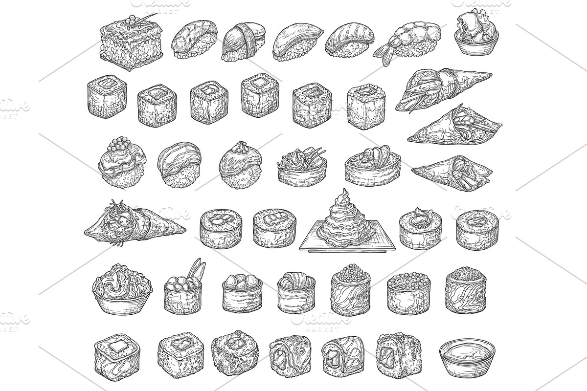 Japanese sushi isolated sketches, a Food Illustration by Vector Tradition