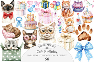 Watercolor Cats Birthday Clipart, an Illustration by Design Market