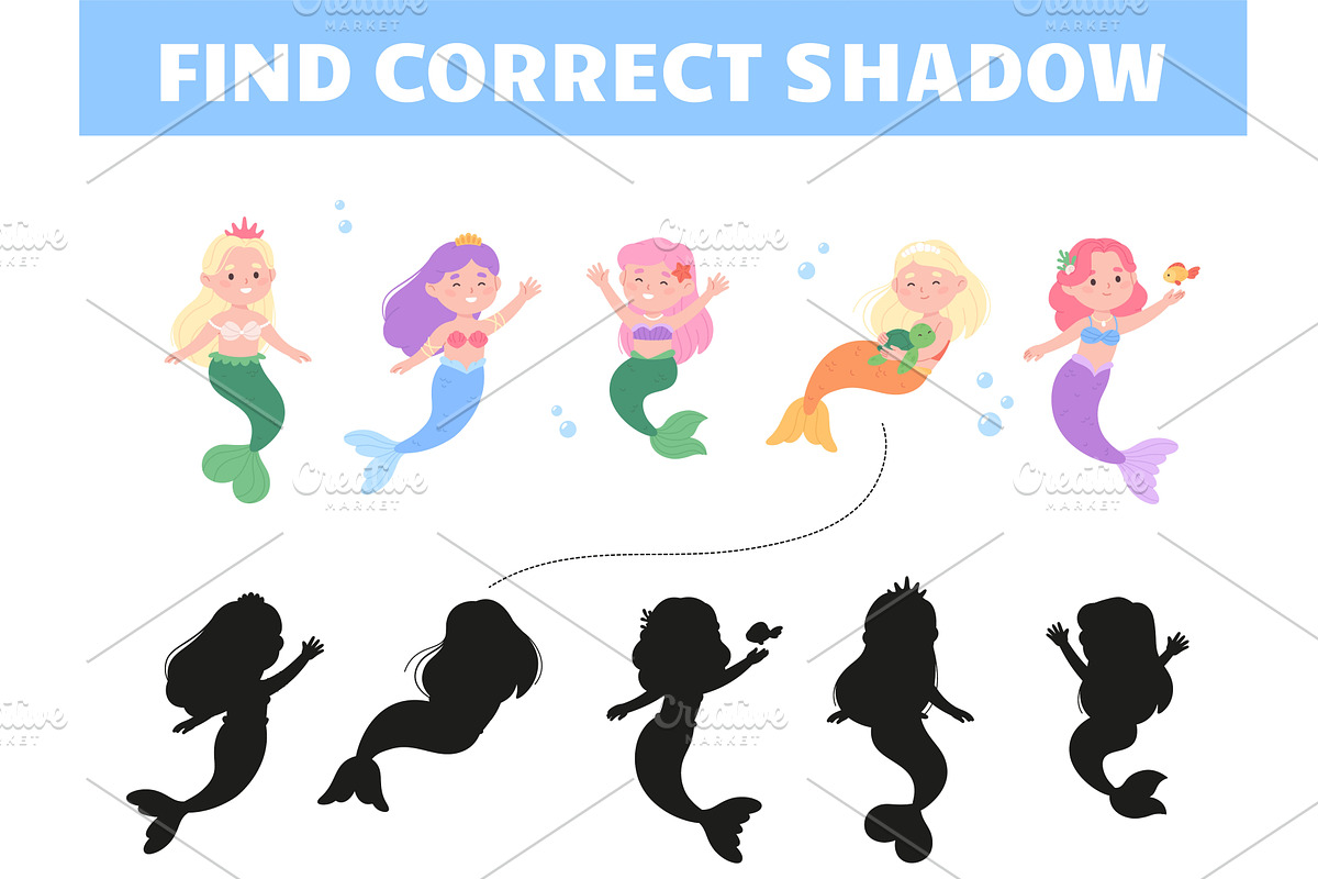 Find correct mermaid shadow, an Education Illustration by LadadikArt