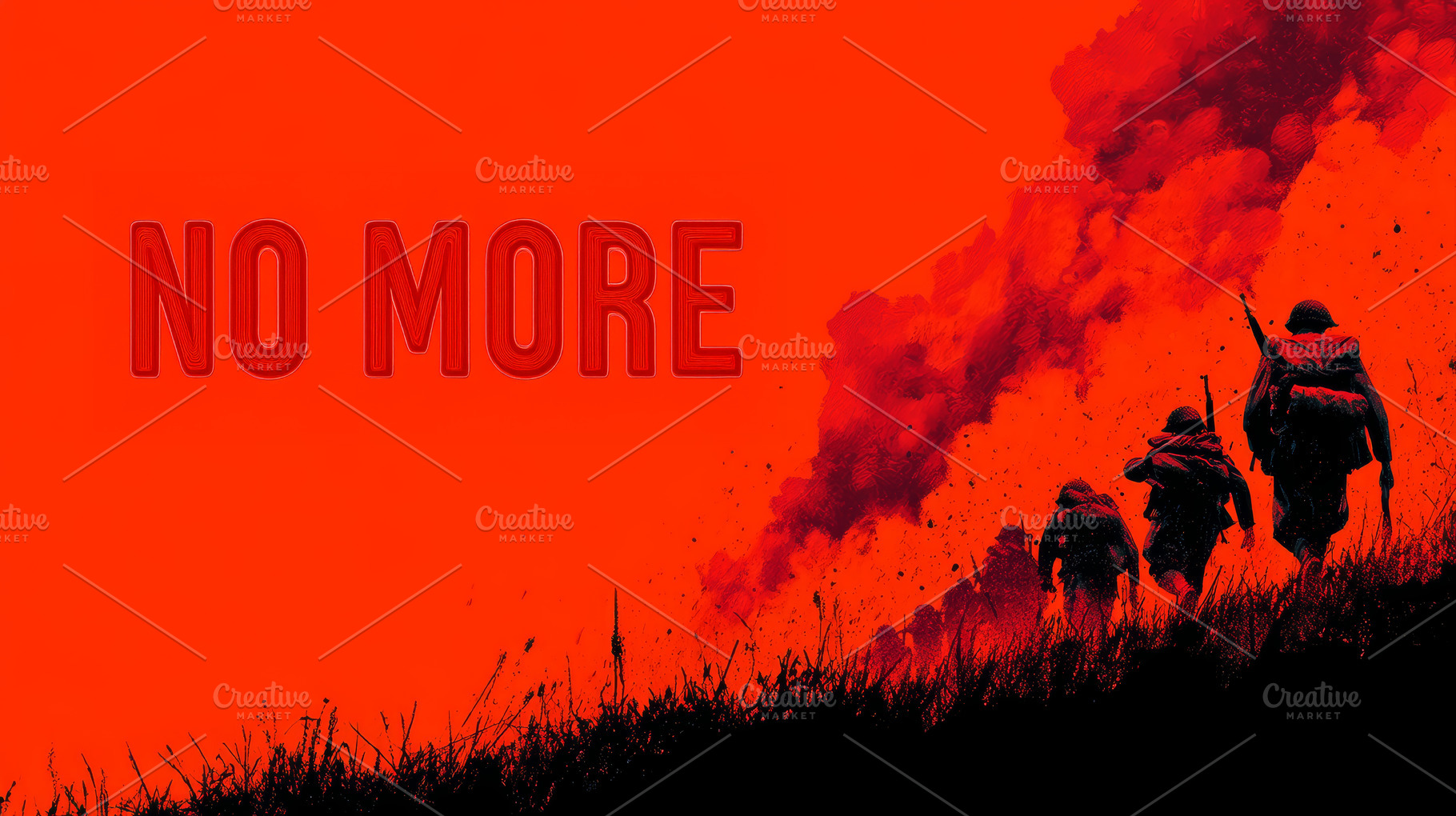 Silhouetted soldiers marching against a fiery sky with the words no more, a Photo by AS photostudio