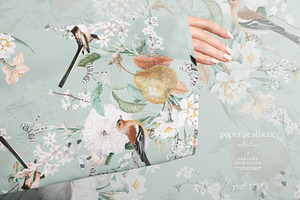 Spring Mint Birds Flower Pattern