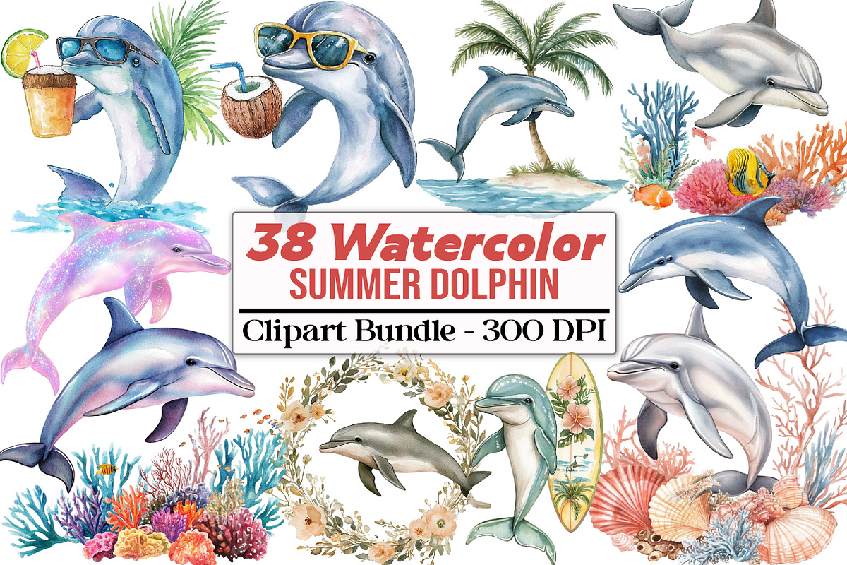 Watercolor Summer Dolphin Clipart, an Illustration by DreamCafeArt (Photo 1 of 5)