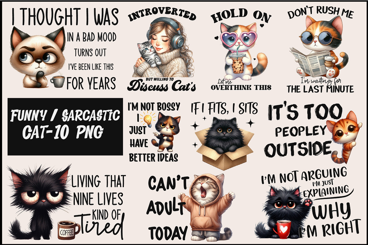 Funny Cat Sarcastic Sassy Bundle Png, an Illustration by Designworld (Photo 1 of 11)