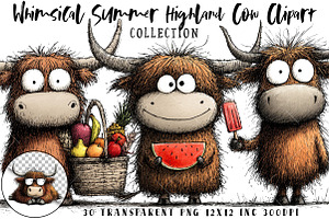 Whimsical Summer Highland Cow Clipar, an Illustration by OK Design