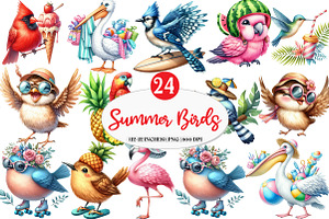 Quirky Whimsical Summer Bird Clipart, an Illustration by Watercolor design