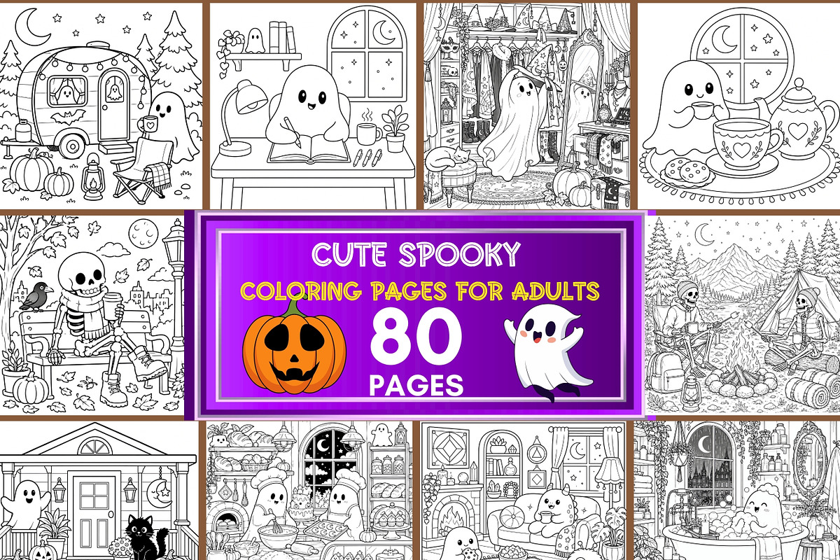 80 Cute Spooky Coloring Pages Bundle, a Brochure Template by LA Design (Photo 1 of 10)