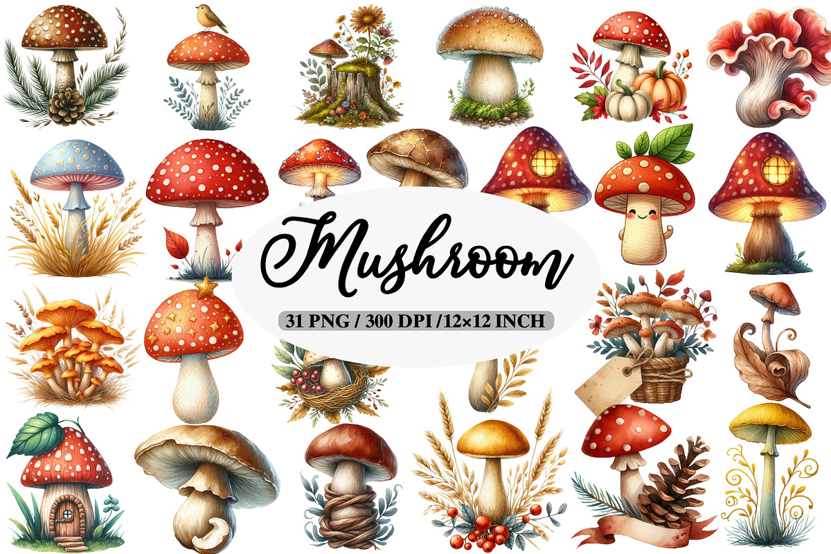Watercolor Autumn Mushroom Clipart, an Illustration by Daily.Designs (Photo 1 of 5)