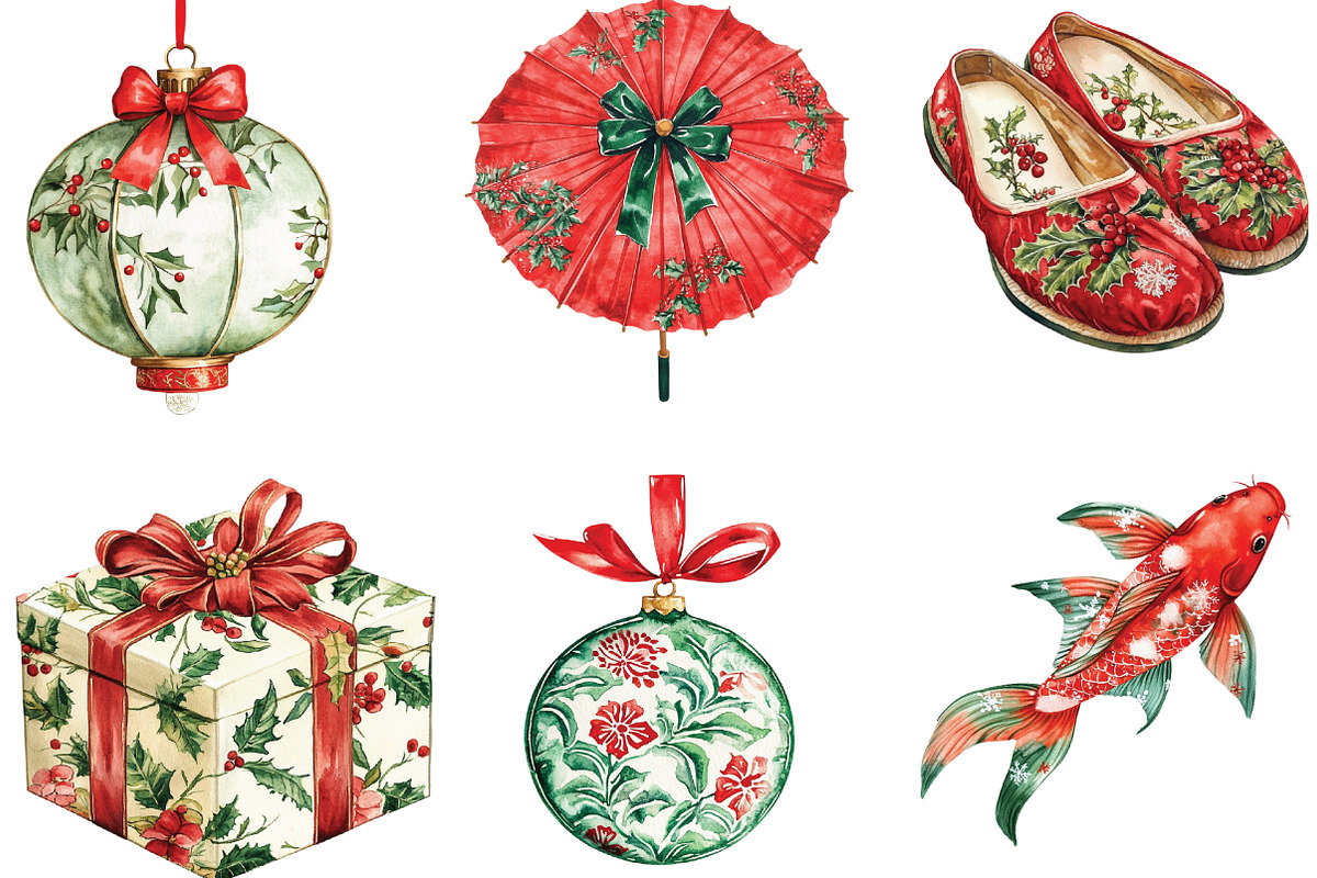 Chinoiserie Red & Green Christmas, an Illustration by CraftArtStudio (Photo 3 of 6)