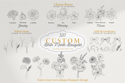 Custom Birth Month Bouquets, a Decorative Illustration by La Petite Line Art
