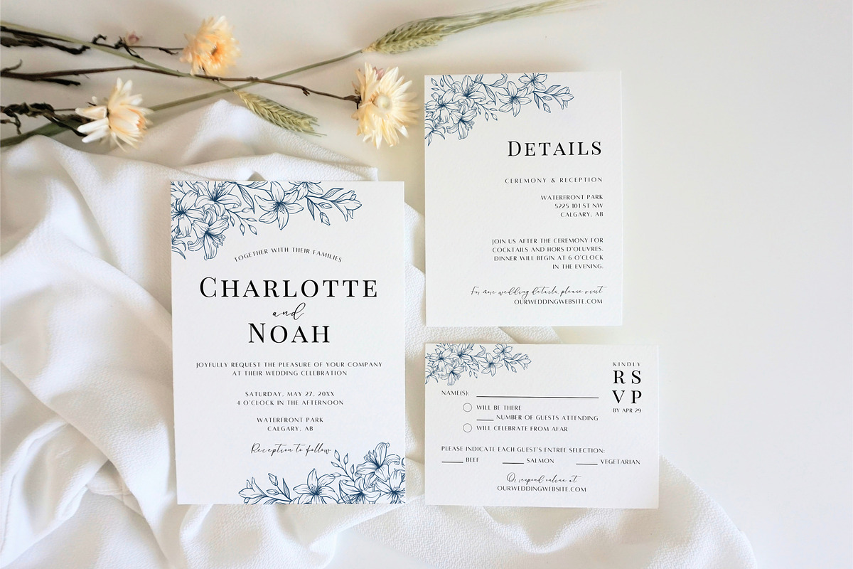 Navy Floral Wedding Invite Templates, an Invitation Template by Cottontail Paper Shop (Photo 1 of 7)