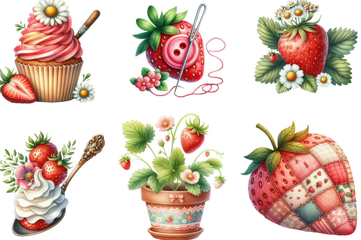 Cute Cottagecore Strawberry Clipart, an Illustration by Designking (Photo 3 of 4)