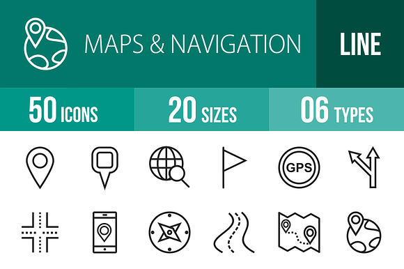 50 Maps Navigation Line Icons