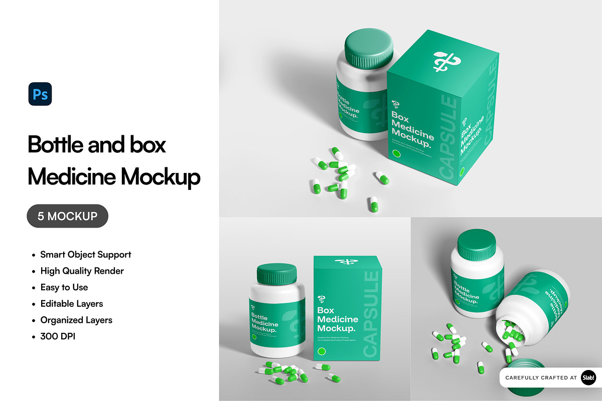 Bottle and Box Medicine Mockup, a Packaging Mockup by SLAB! Design (Photo 1 of 8)