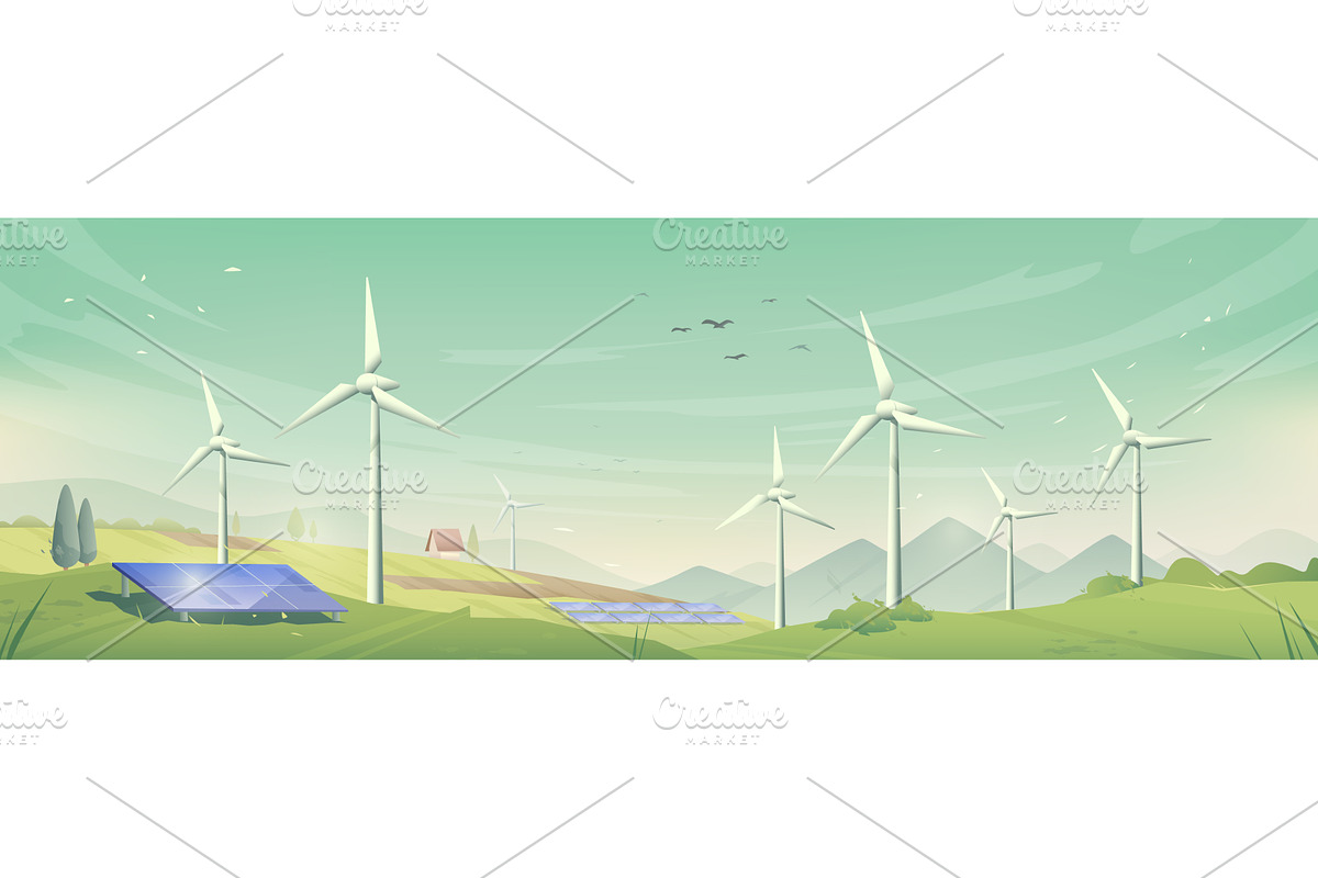 Wind turbines and solar panels on, an Illustration by art PVP - market