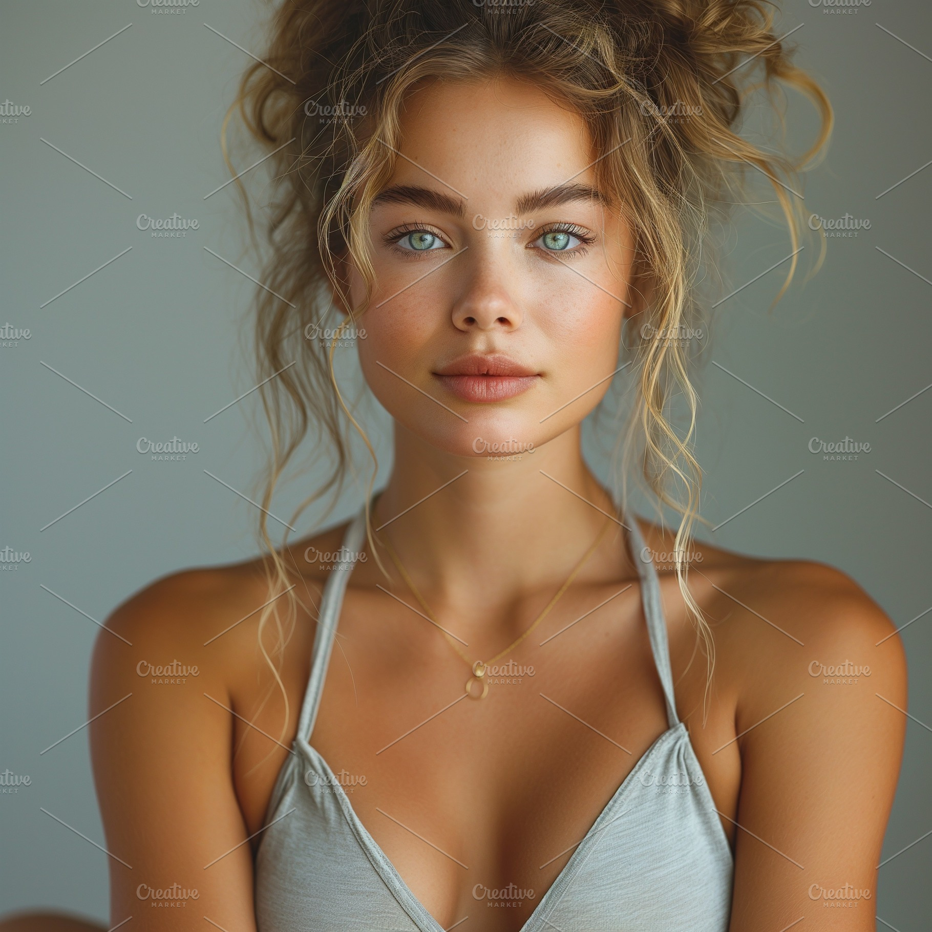 A young Caucasian woman with wavy hair poses softly, showcasing striking blue e, a Background Photo by ImageMir