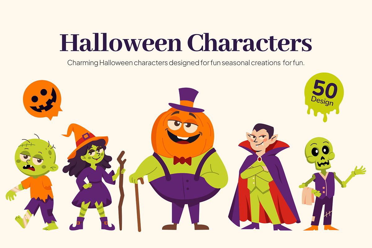 50 Halloween Character Illustrations, a Seasonal Illustration by Prosymbols (Photo 1 of 9)