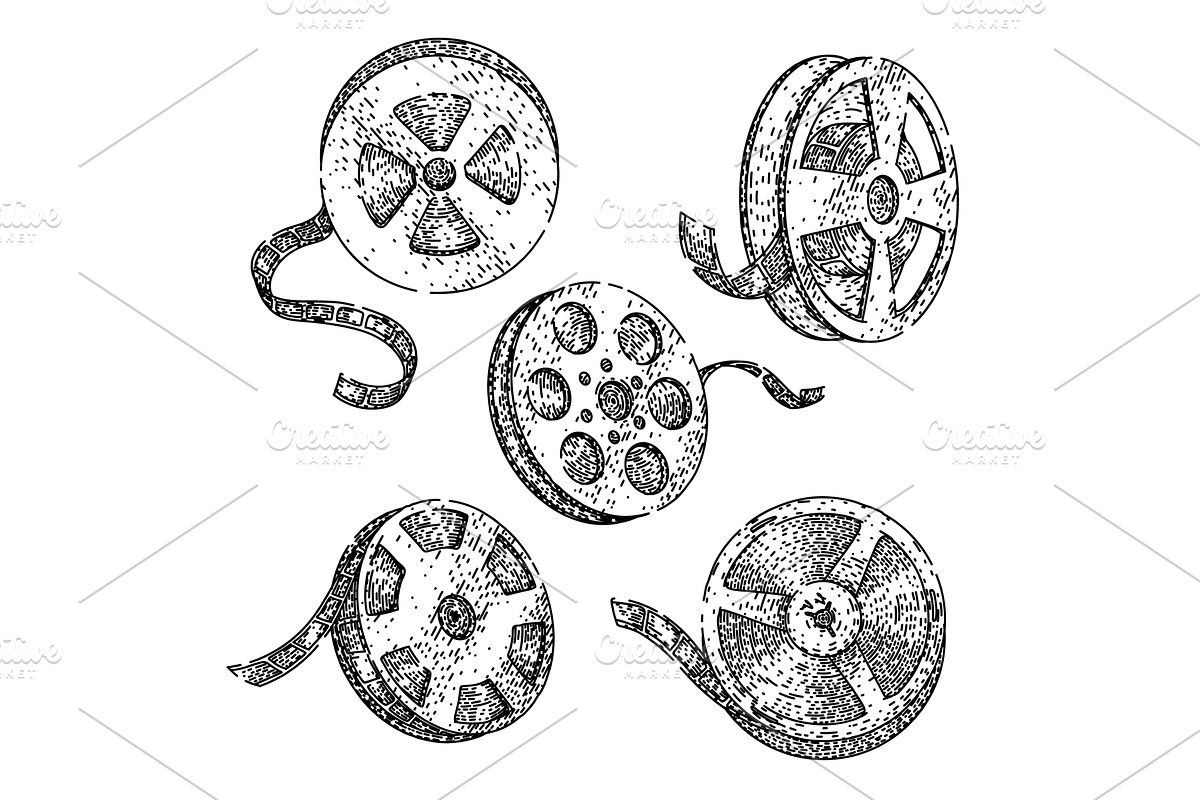 film projector reel set sketch hand, an Illustration by pikepicture