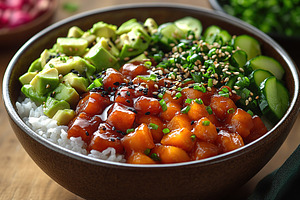 Healthy poke bowl with rice and vegetables, a Food & Drink Photo by AlyaAnd
