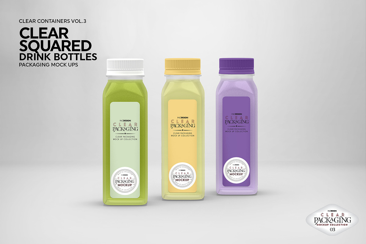 Clear Squared Bottles Mockup, a Packaging Mockup by INCDesign (Photo 6 of 8)