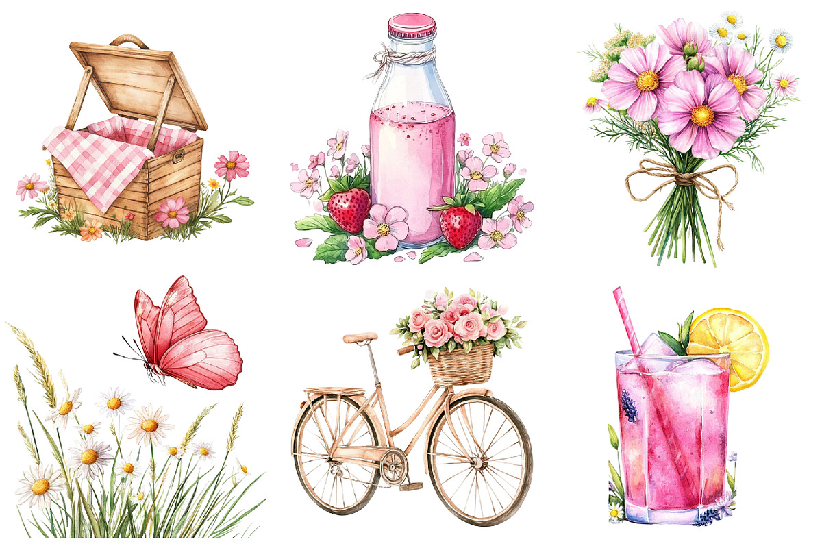 Pink Summer Meadow Clipart, an Illustration by Watercolor design (Photo 5 of 5)