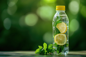 Refreshing lemon mint infused drink in a transparent bottle surrounded by green, a Food & Drink Photo by AlyaAnd