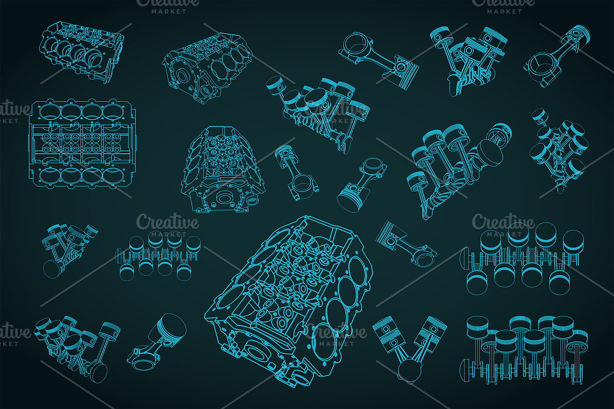 Engine Block and Pistons Blueprints, a Transportation Illustration by Blacklight (Photo 1 of 3)