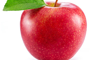 Ripe perfect red apple with green leaf on white background., a Food & Drink Photo by Volff