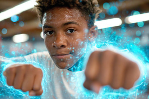 Young athlete hits virtual targets in mixed-reality boxing training at local gy, a Person Photo by AlyaAnd