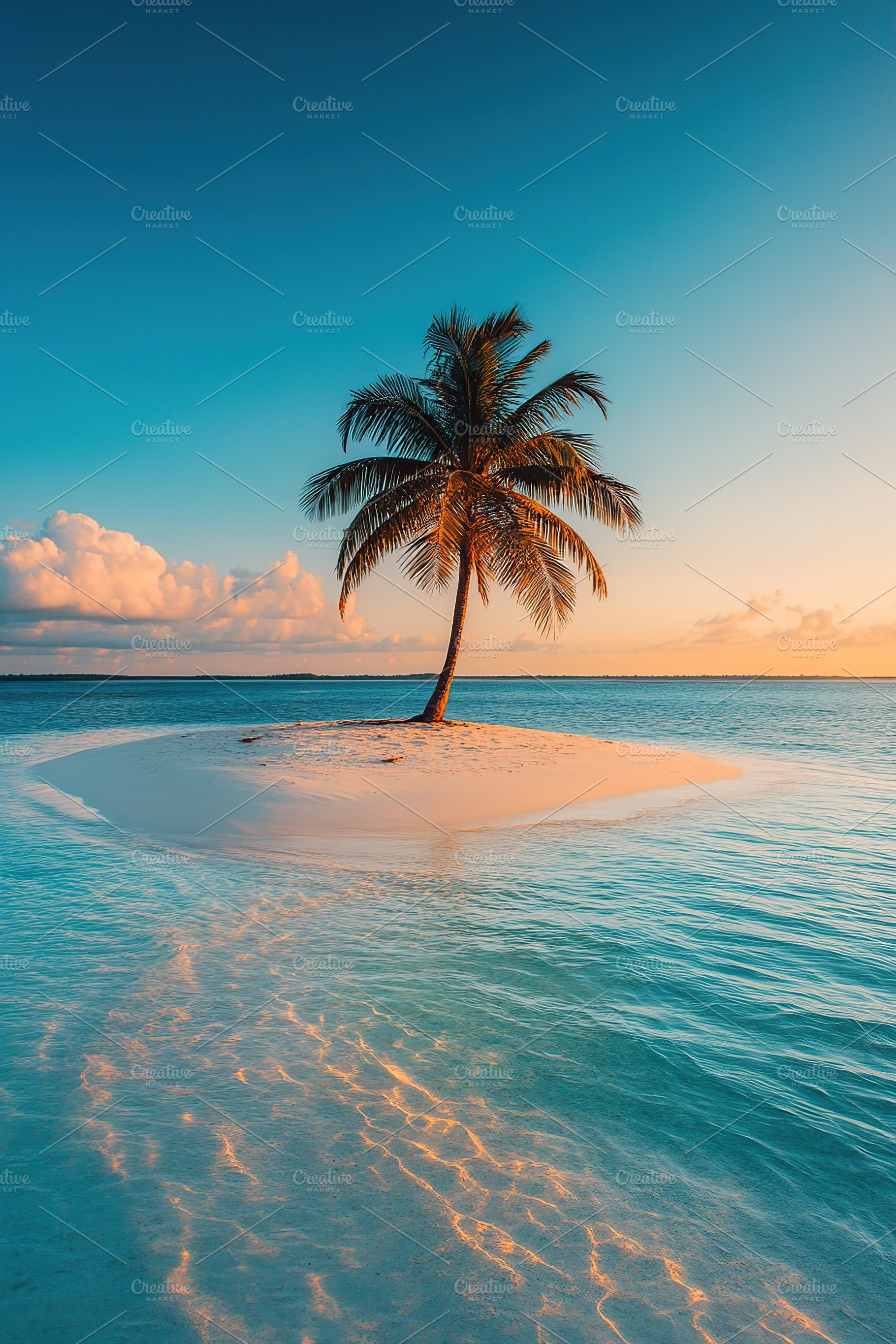 Stunning tropical island with a single palm tree at sunset surrounded by calm w, a Nature Photo by AlyaAnd