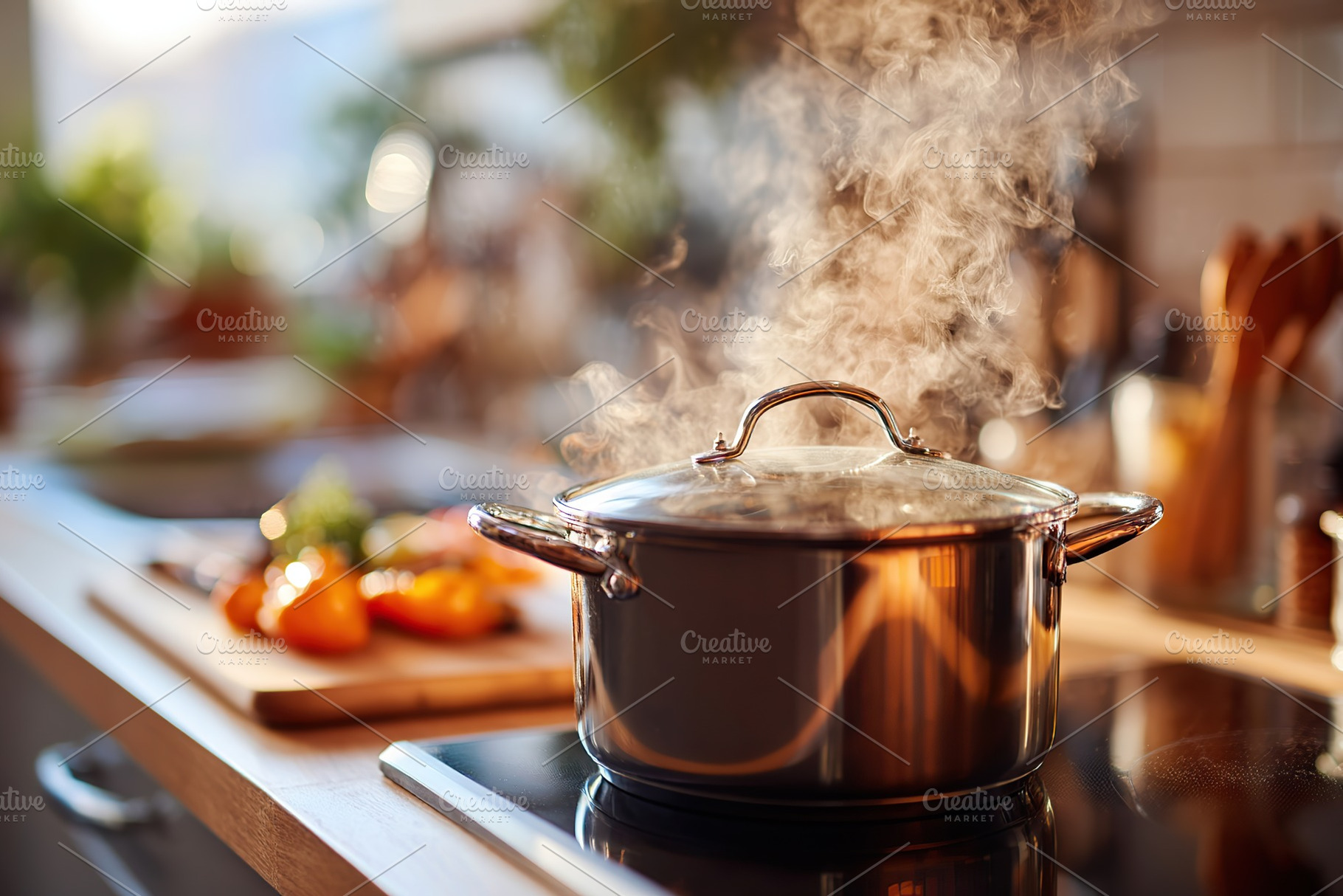 Cooking moment in a cozy kitchen with steam rising from a pot on the stove, a Food & Drink Photo by AlyaAnd
