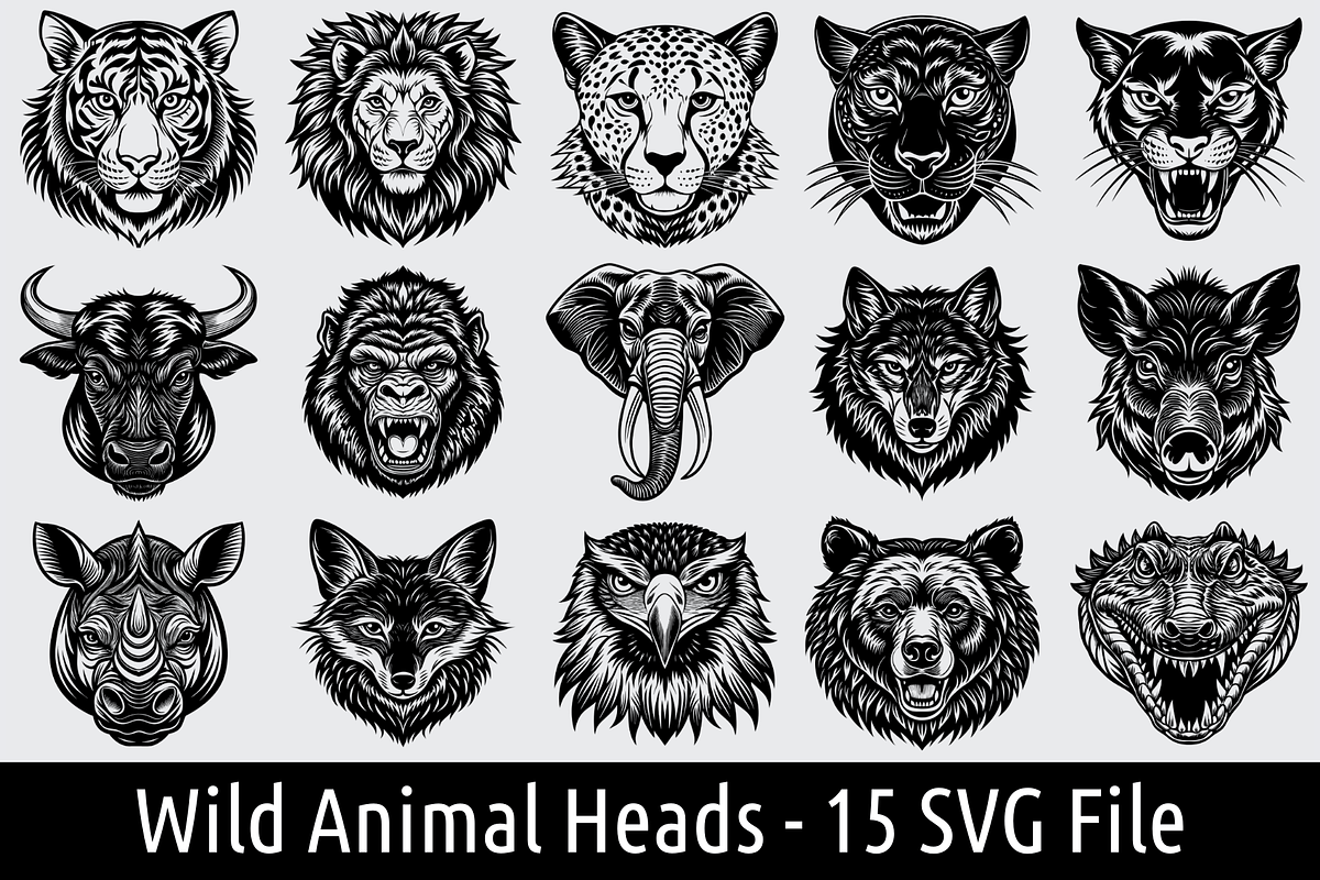 Linocut Wild Animal Heads Clipart, an Object Graphic by Palleon