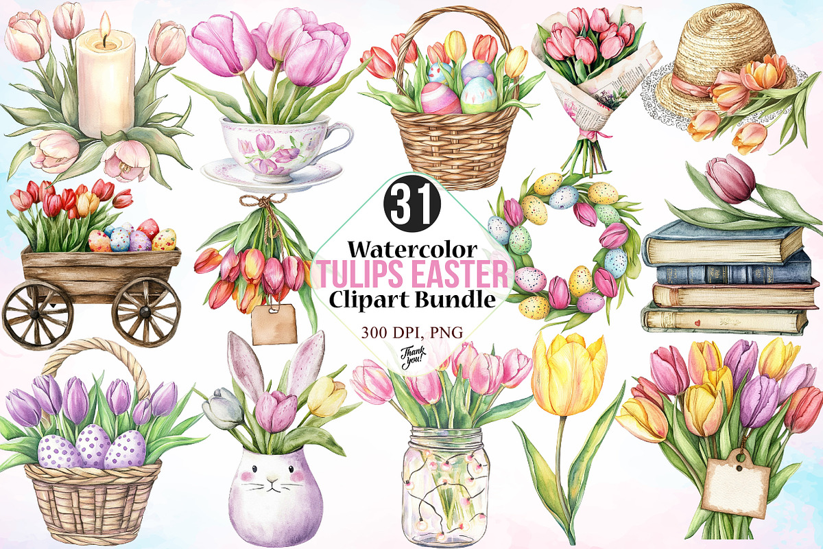 Watercolor Tulips Easter Clipart PNG, an Illustration by Canvas Craft (Photo 1 of 3)