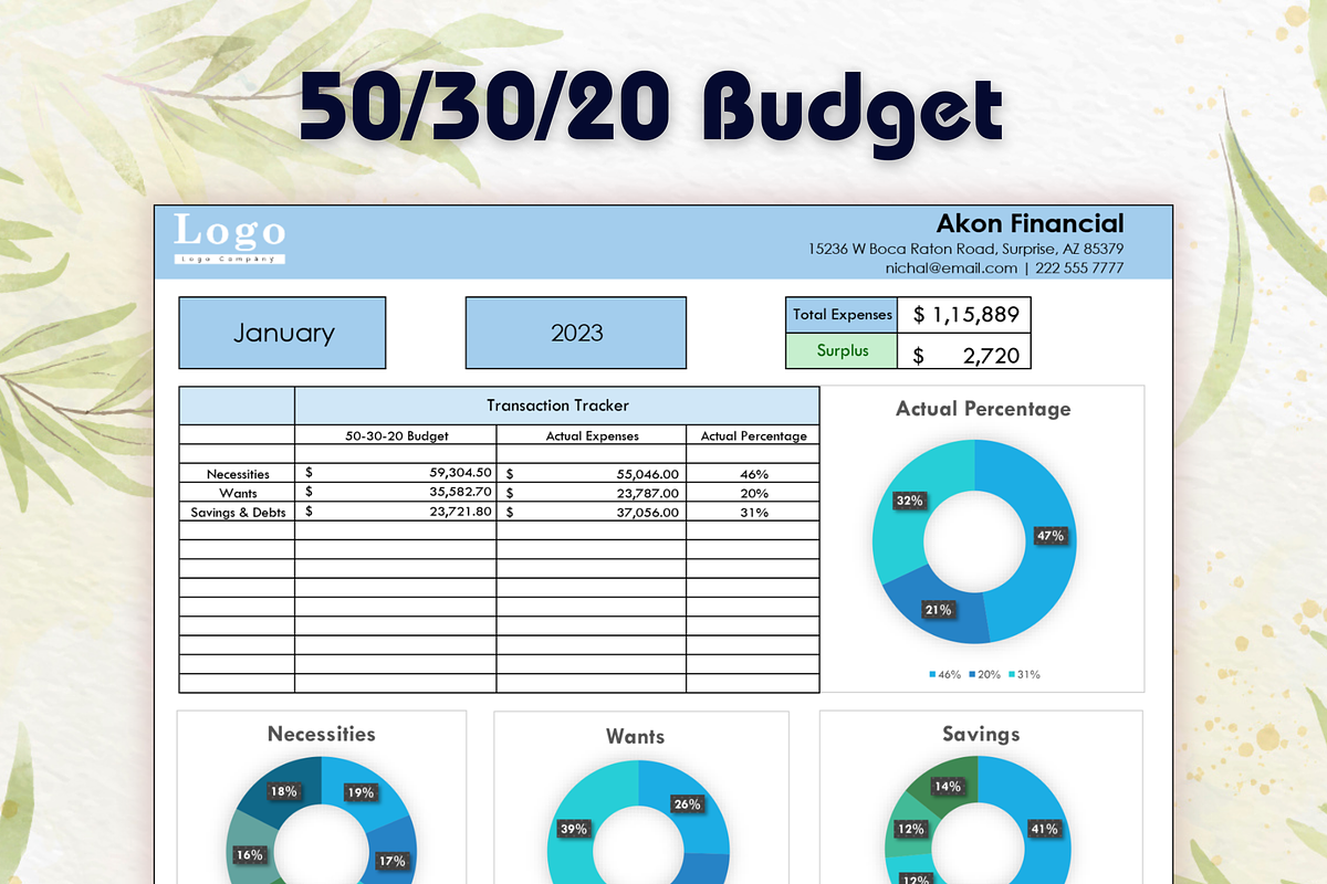 50/30/20 Monthly Budget Spreadsheet, a Templates & Theme by Designbudy (Photo 1 of 9)