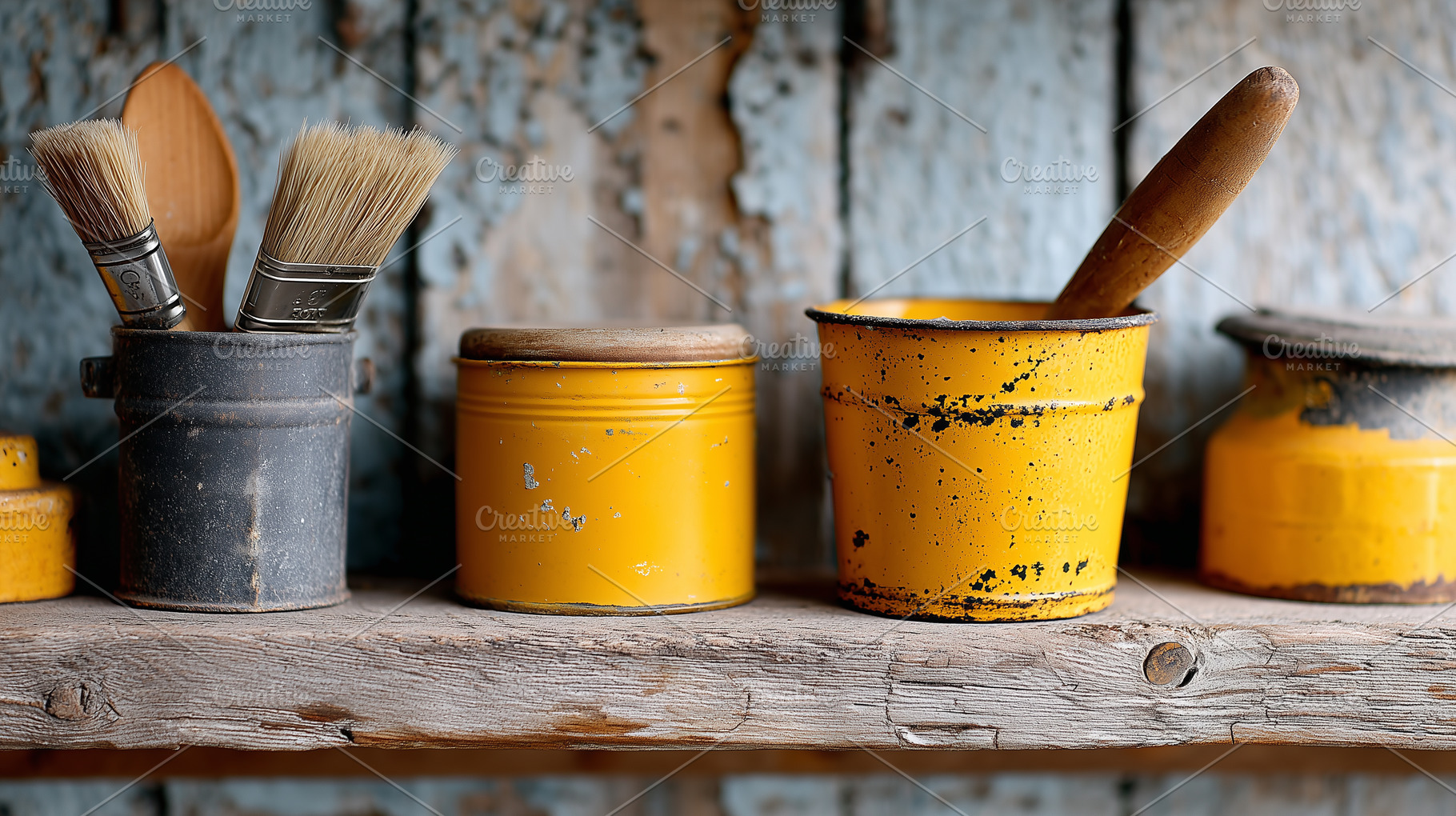 Vintage paint cans and brushes on a, an Arts & Entertainment Photo by MistyDay