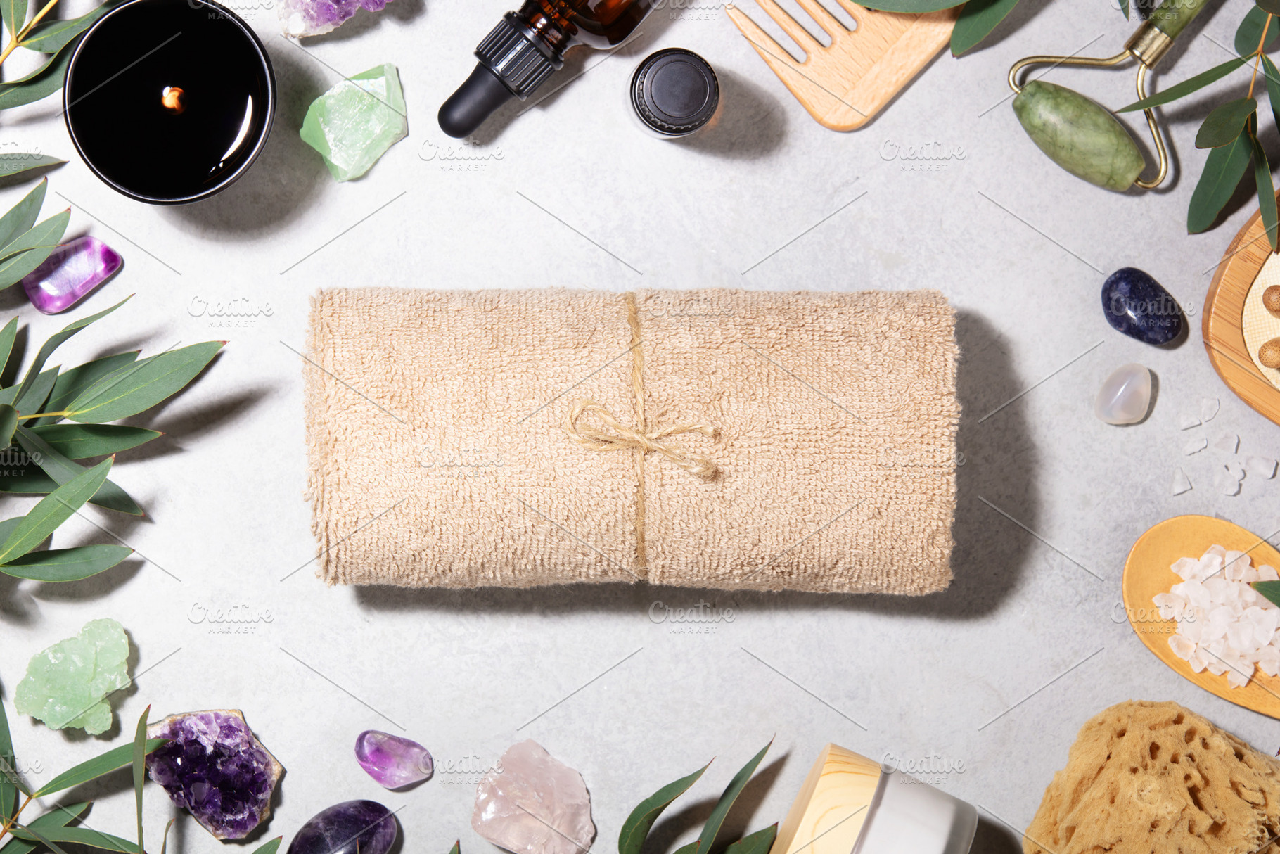 Spa Composition with Rolled Towels and Natural Wellness Accessor, an Abstract Photo by Natalia Klenova's Shop