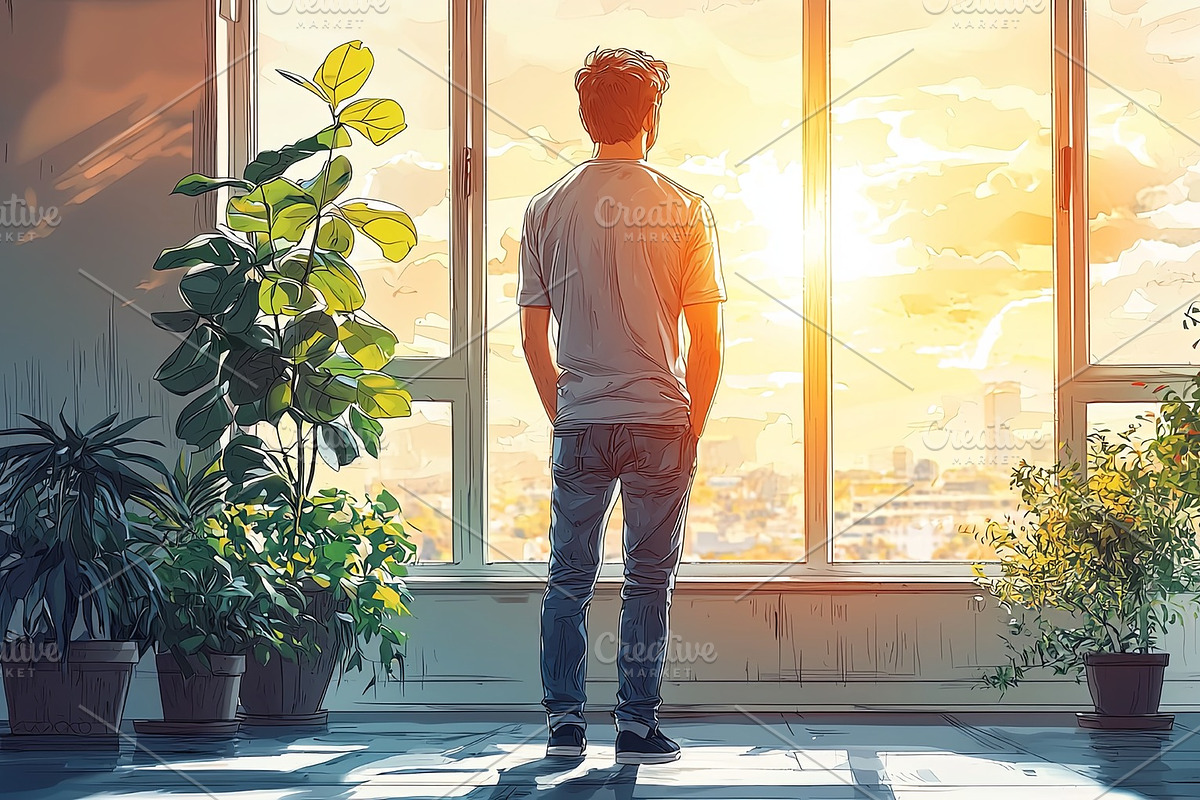 Young man standing near window surrounded by houseplants at sunset, an Illustration by AS photostudio