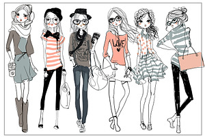 Set With 6 Fashion Sketched Girls-2