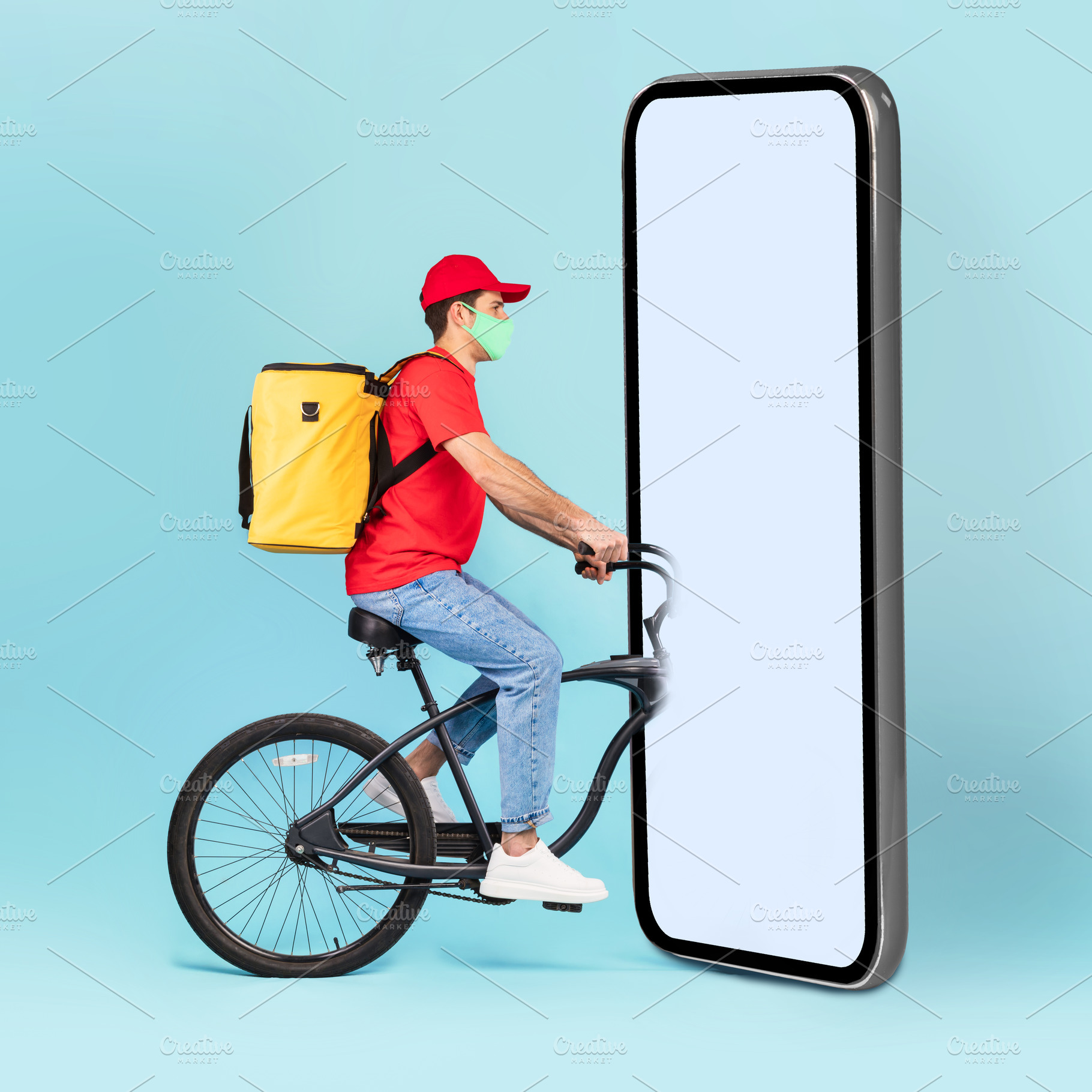 Courier On Bike Riding Into Huge Cellphone Screen, Blue Background, a Photo by Prostock-Studio
