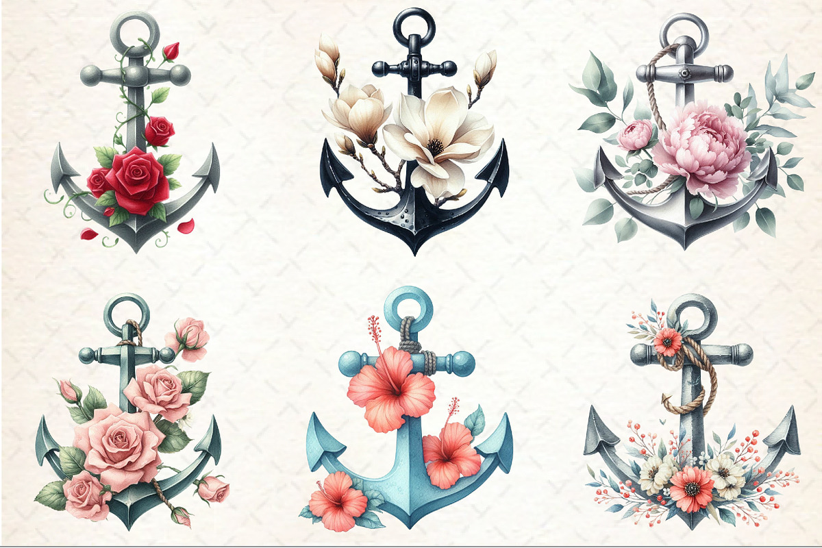 Watercolor Floral Anchor Clipart, an Illustration by Rose Art (Photo 3 of 4)