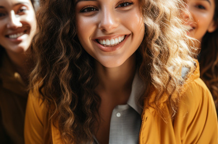 Beautiful smiling young woman looking at camera while friends st, a Person Photo by AS photostudio