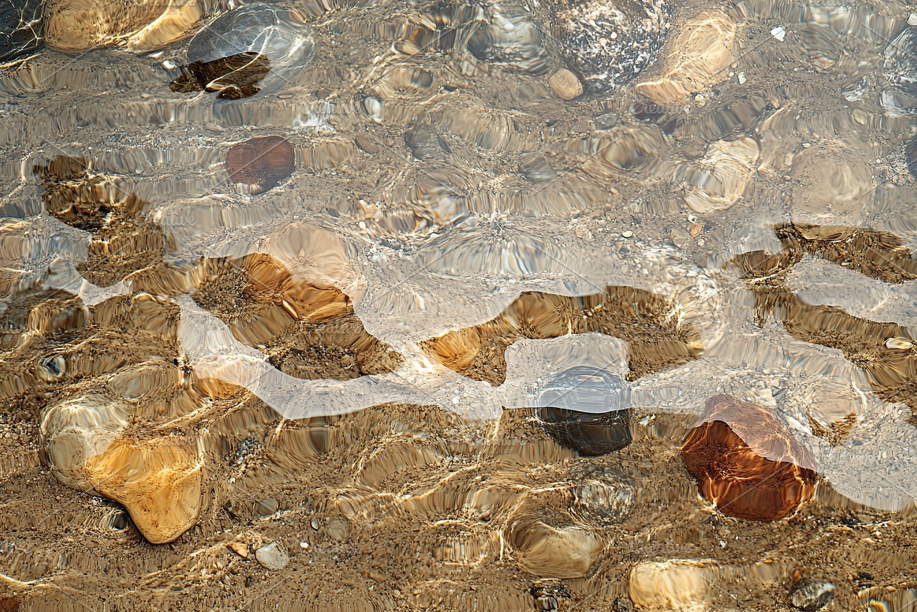 Water flowing over smooth stones creates mesmerizing patterns at a riverbed, a Photo by AlyaAnd