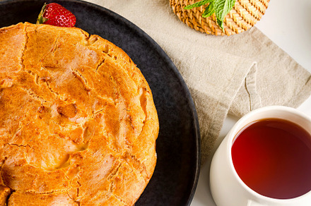 Traditional Polish cake Karpatka on a gray concrete background., a Food & Drink Photo by vimart